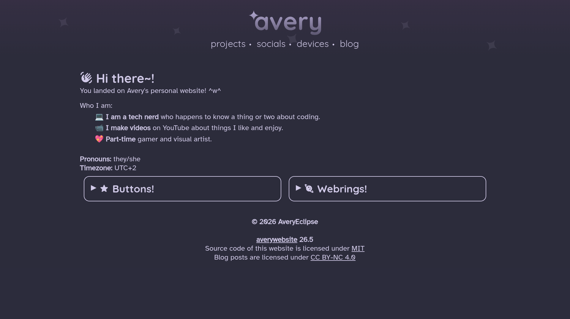 Screenshot of the AveryWebsite Homepage