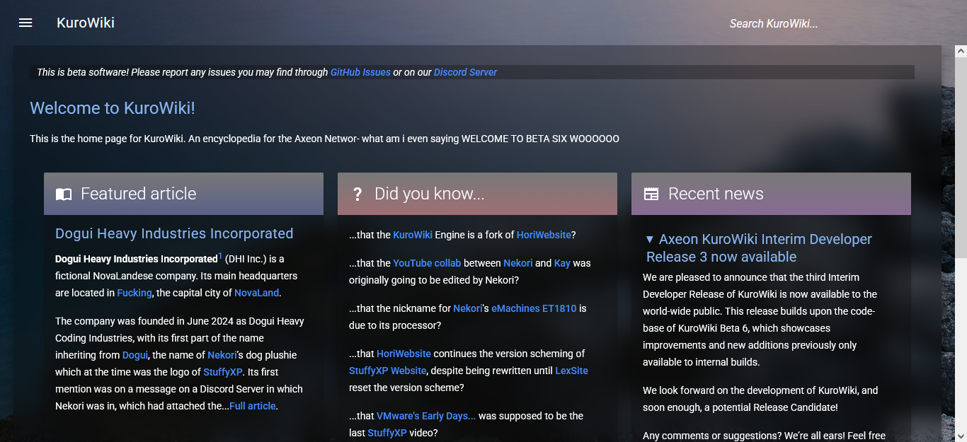 Home page (dark mode)