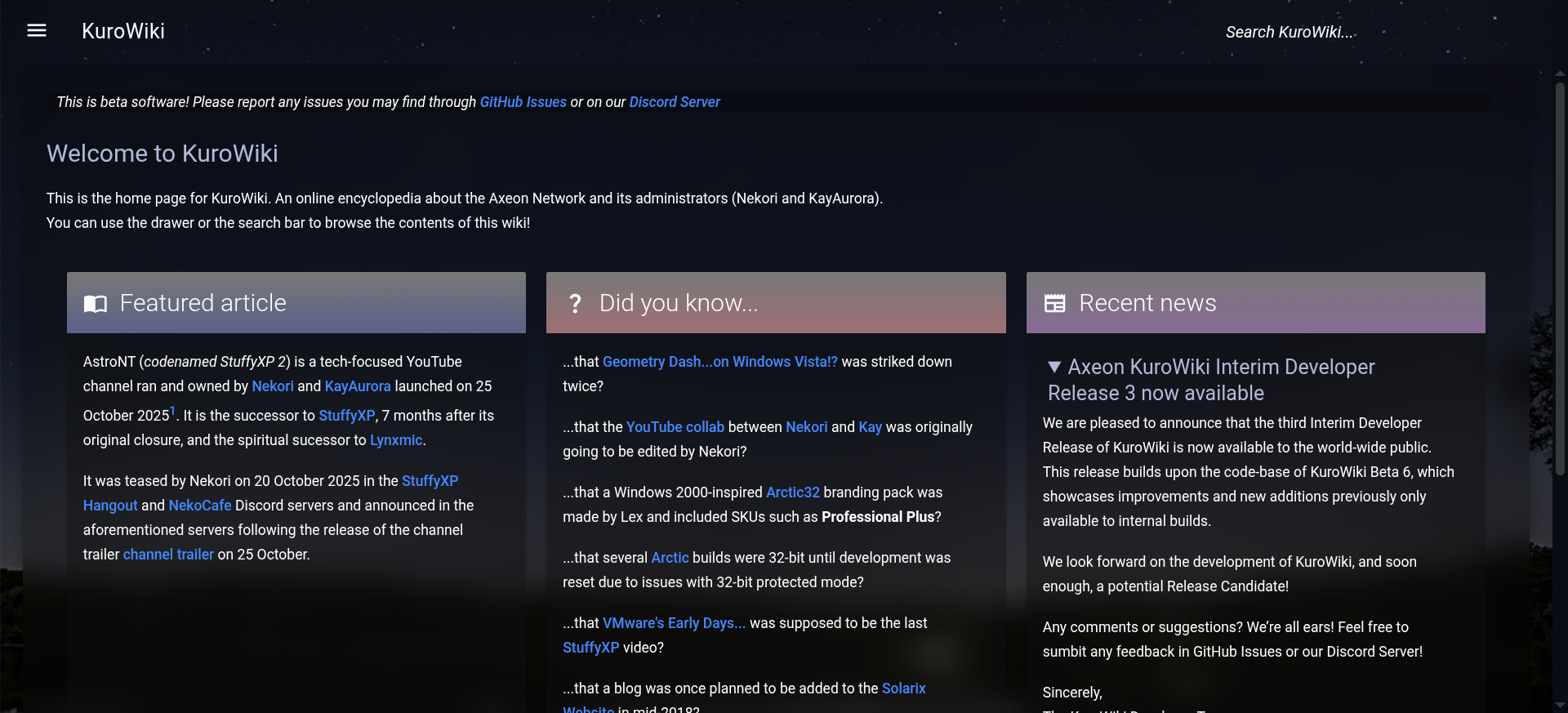 Home page (dark mode)