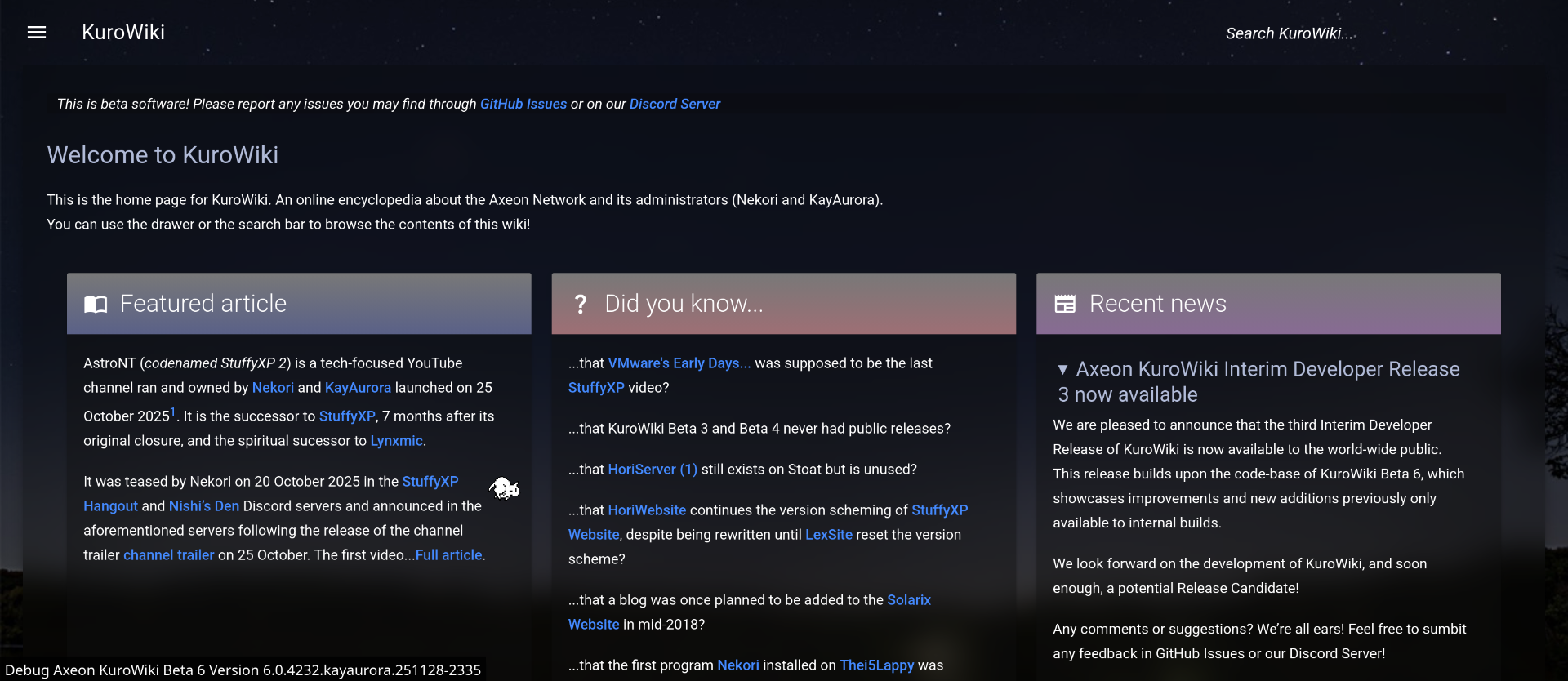 Home page (dark mode)