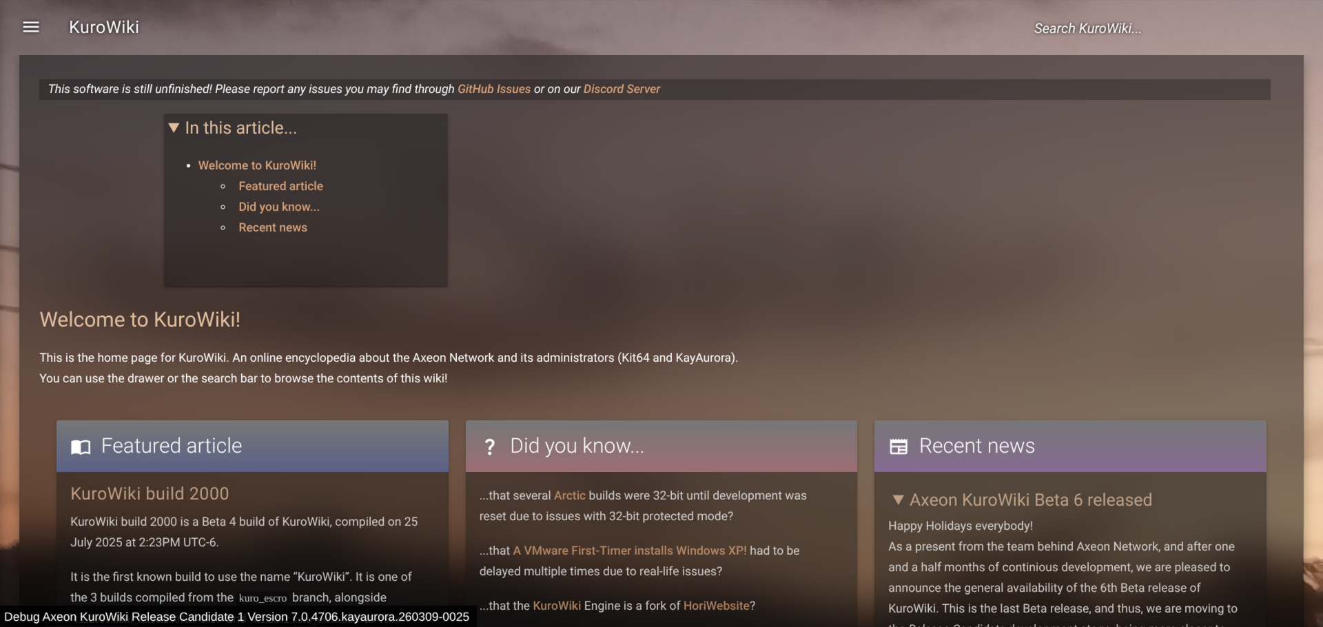 Home page (dark mode)