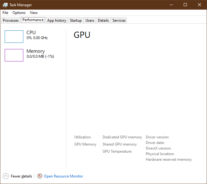 A broken Windows 10 Task Manager window
