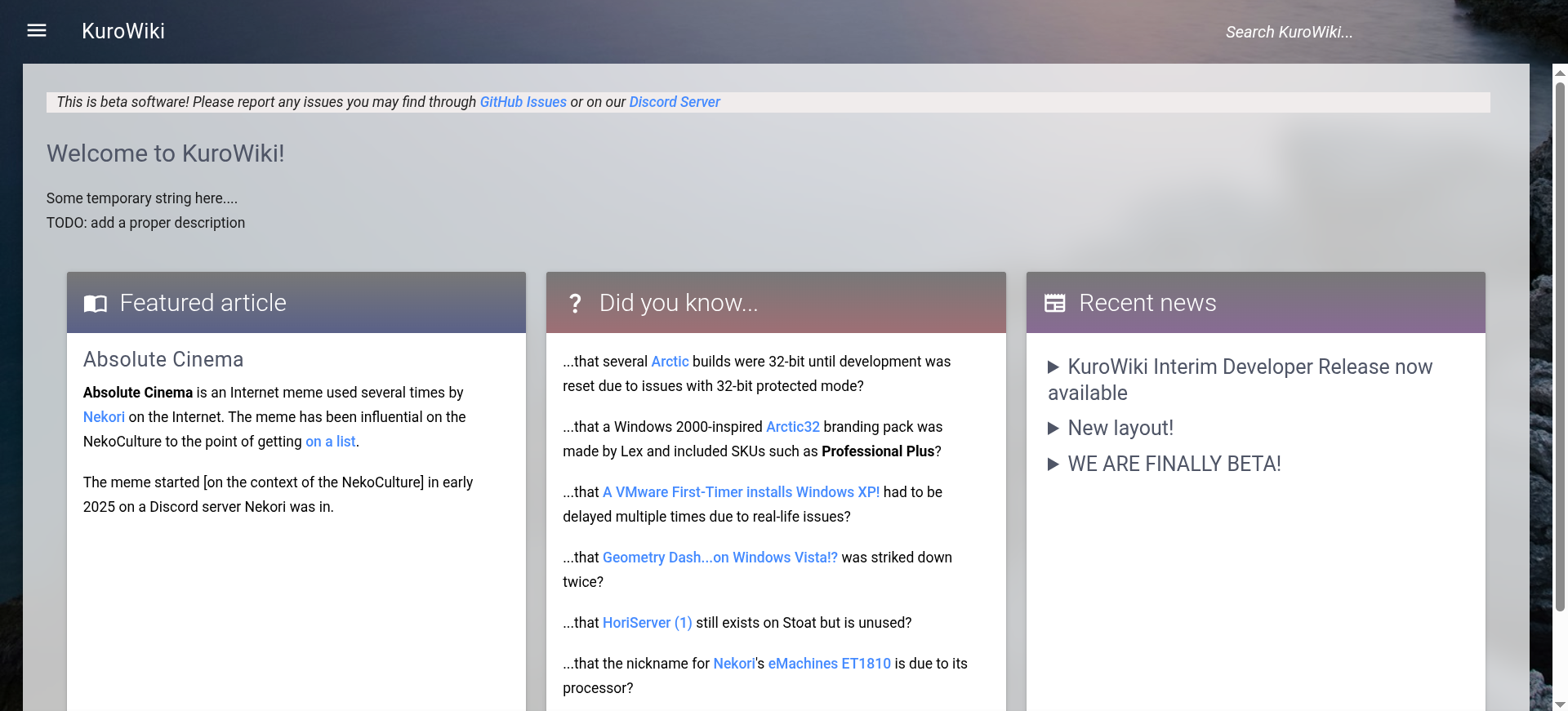 Homepage of beta 5.2, build 3615, the Interim Developer Release 1