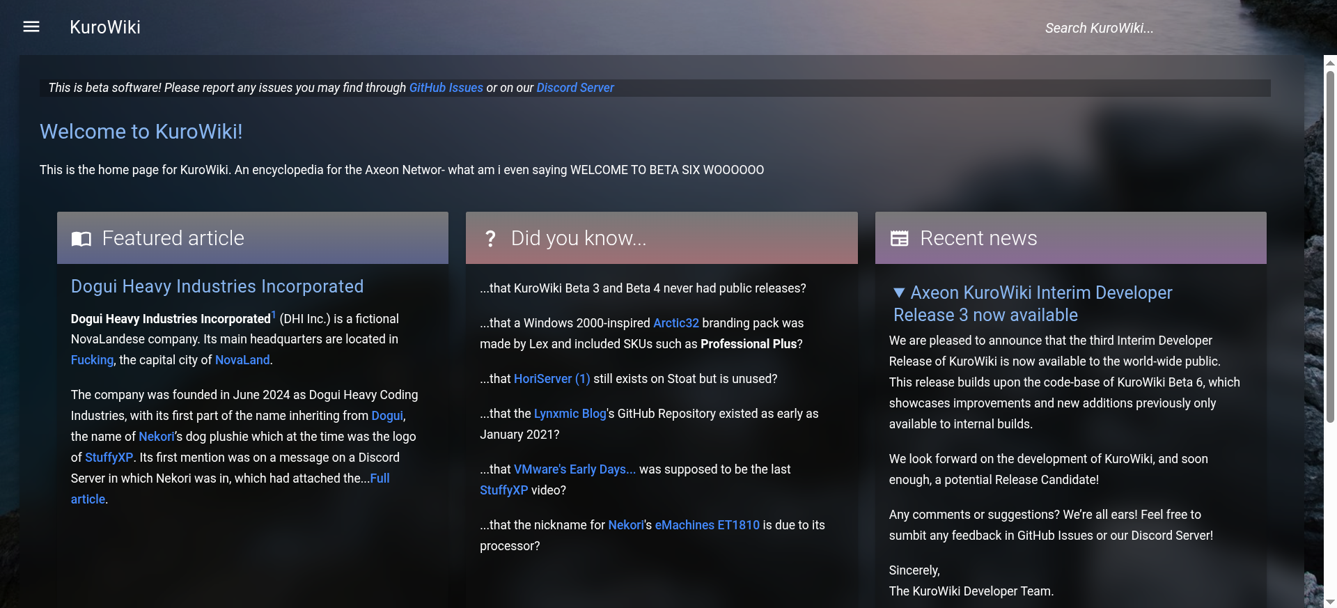 Homepage of beta 6.0, build 3810, the Interim Developer Release 3