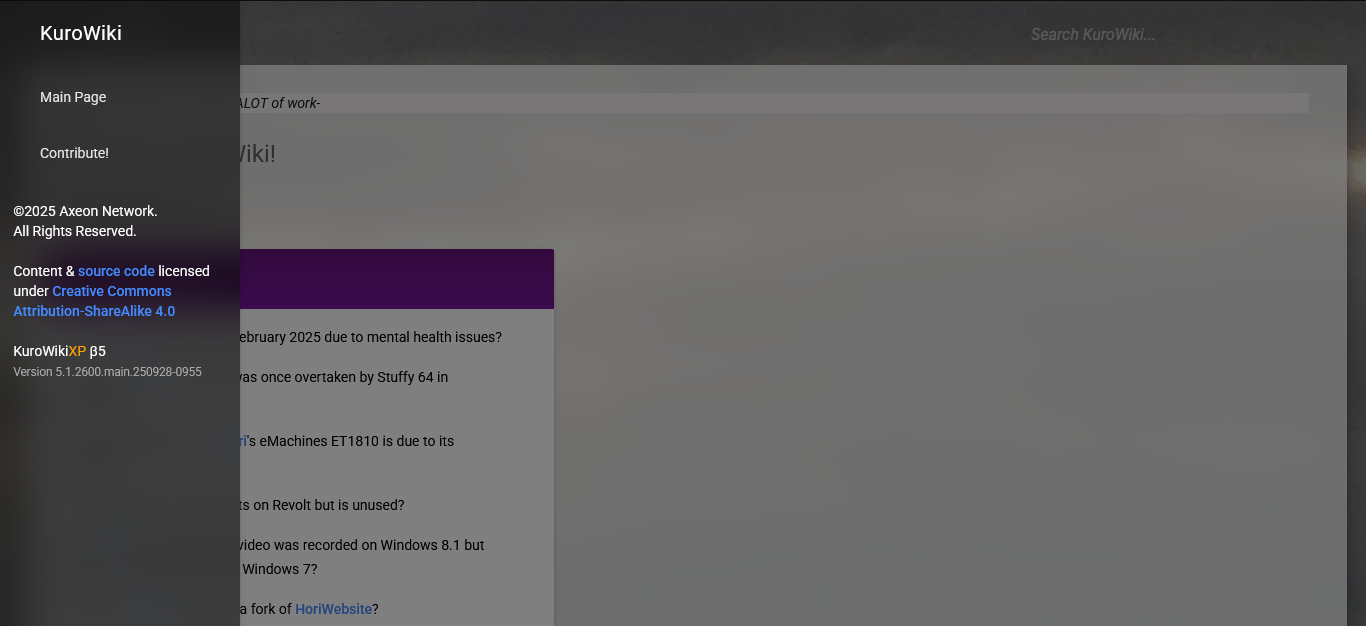 The drawer, including links for the <a href='Contributing_to_KuroWiki'>Contributing to KuroWiki page</a> and version information.