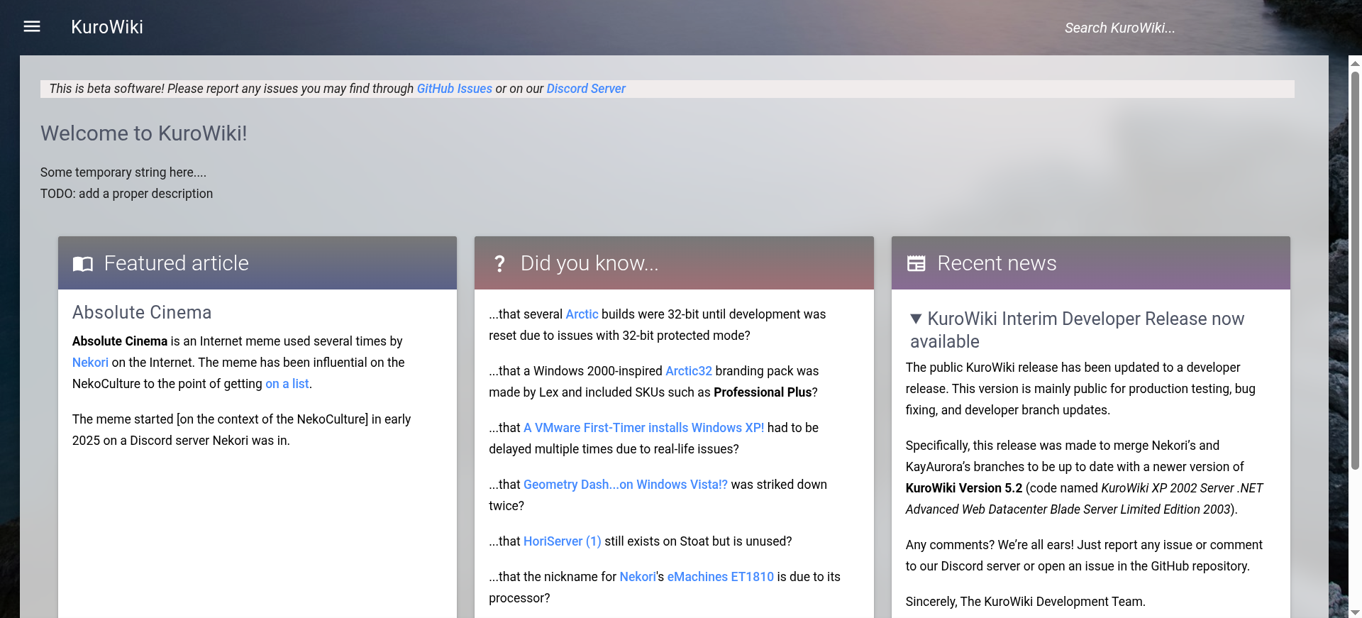 Screenshot of KuroWiki 5.2 build 3615