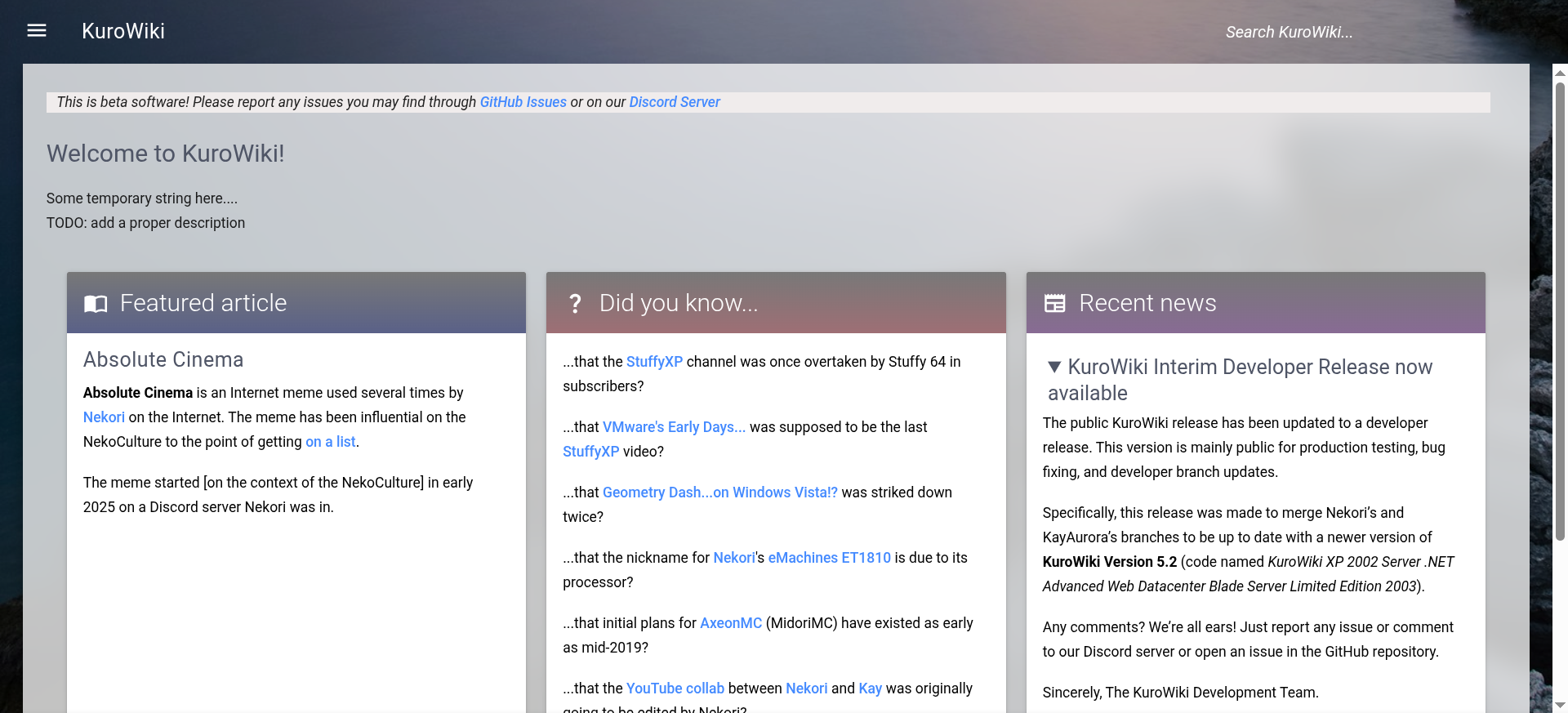 Screenshot of KuroWiki 5.2 build 3680