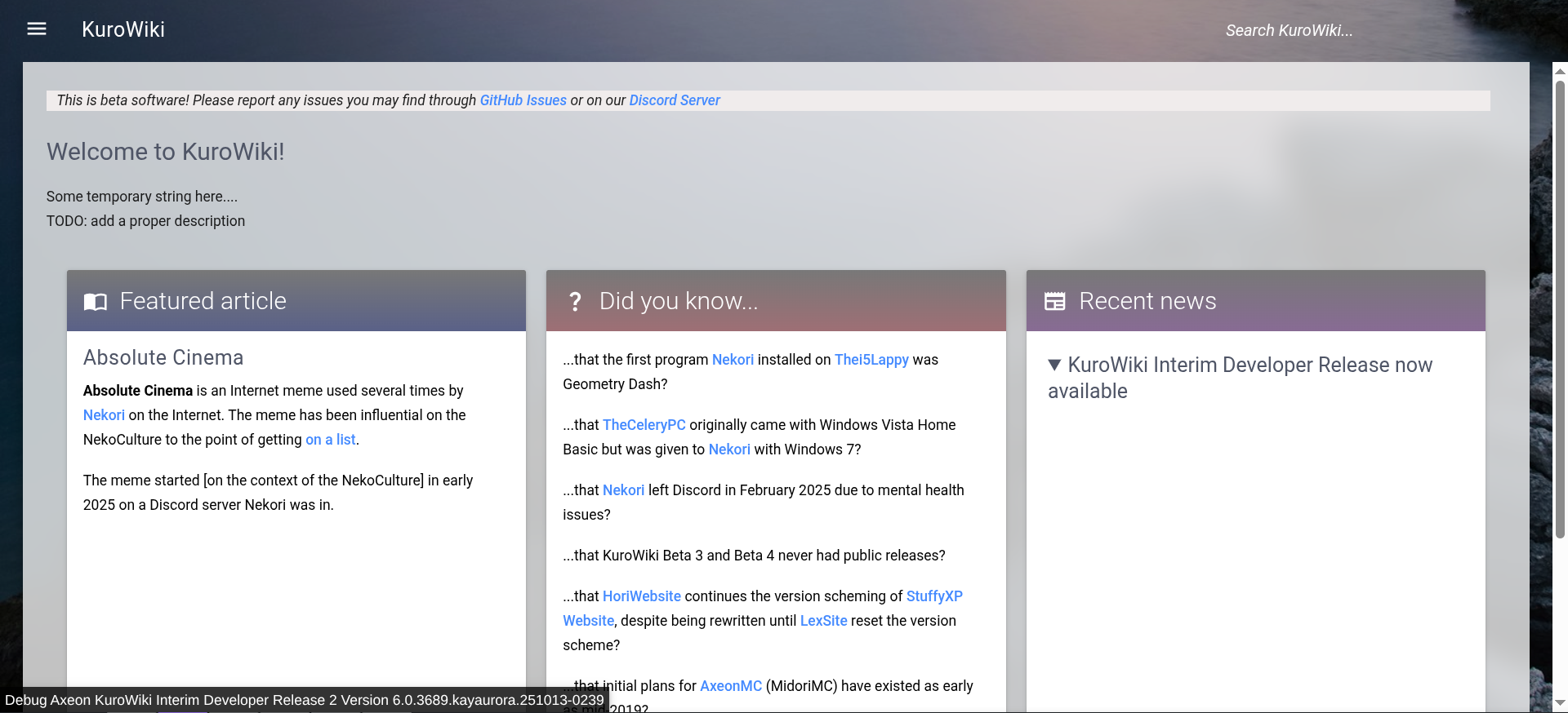 Screenshot of KuroWiki 6.0 build 3689