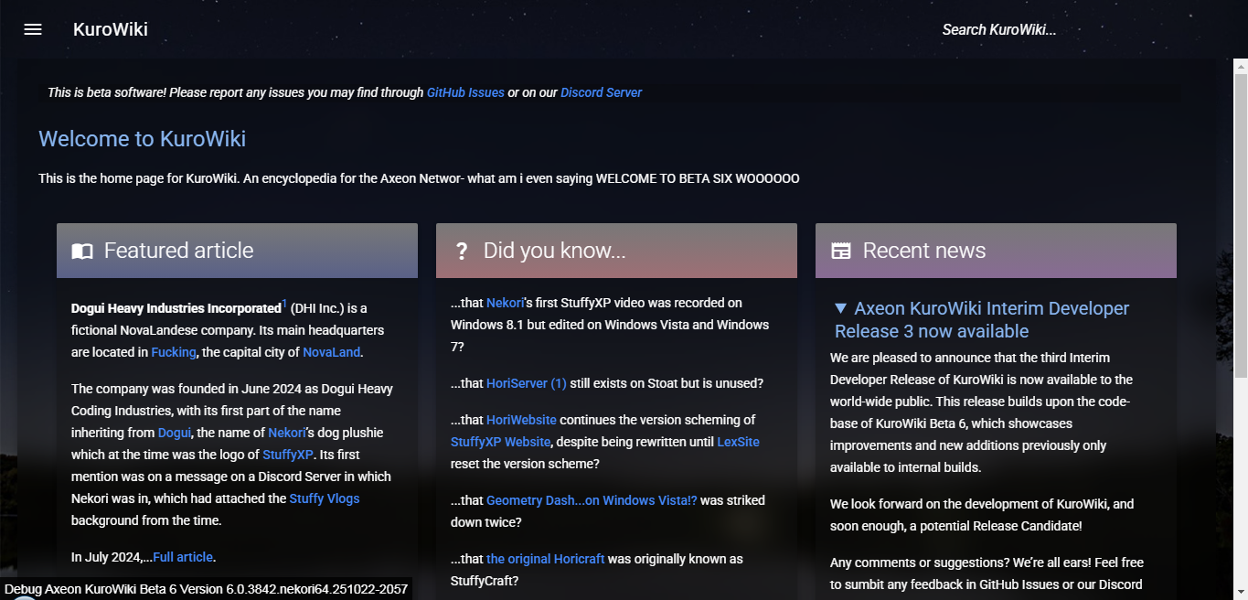 Homepage of beta 6.0, build 3842