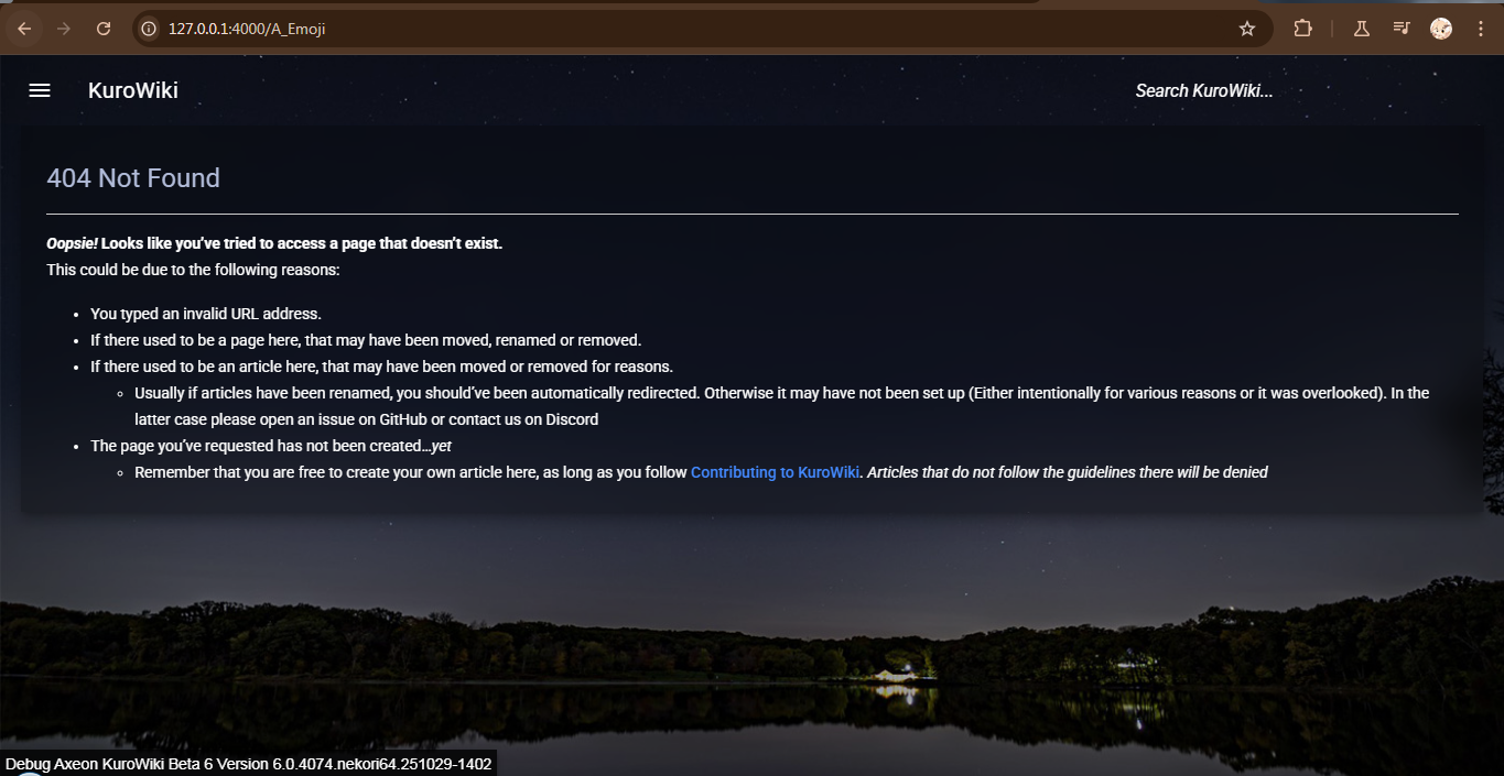 404 Not Found page invoked when accessing <a href='A_Emoji'>A Emoji</a>, one of the many removed articles in this build
