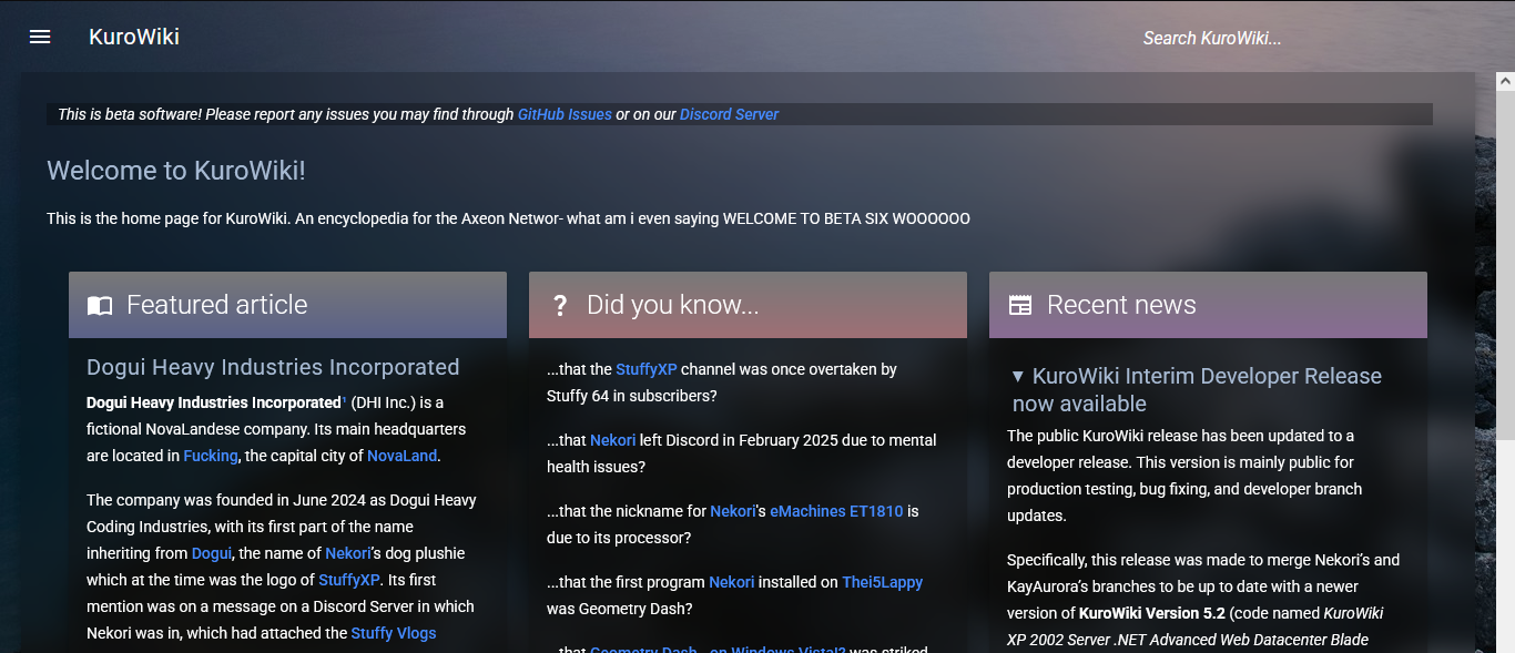Homepage of KuroWiki Beta 6 build 2600 (nekori64), with the new Dark Mode enabled.