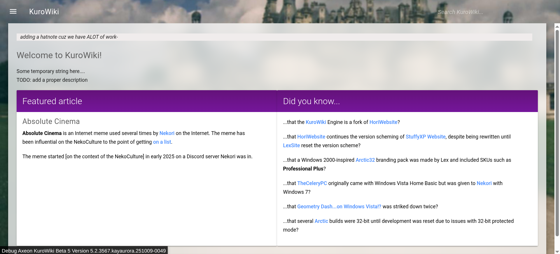 Homepage of beta 5.2, build 3567