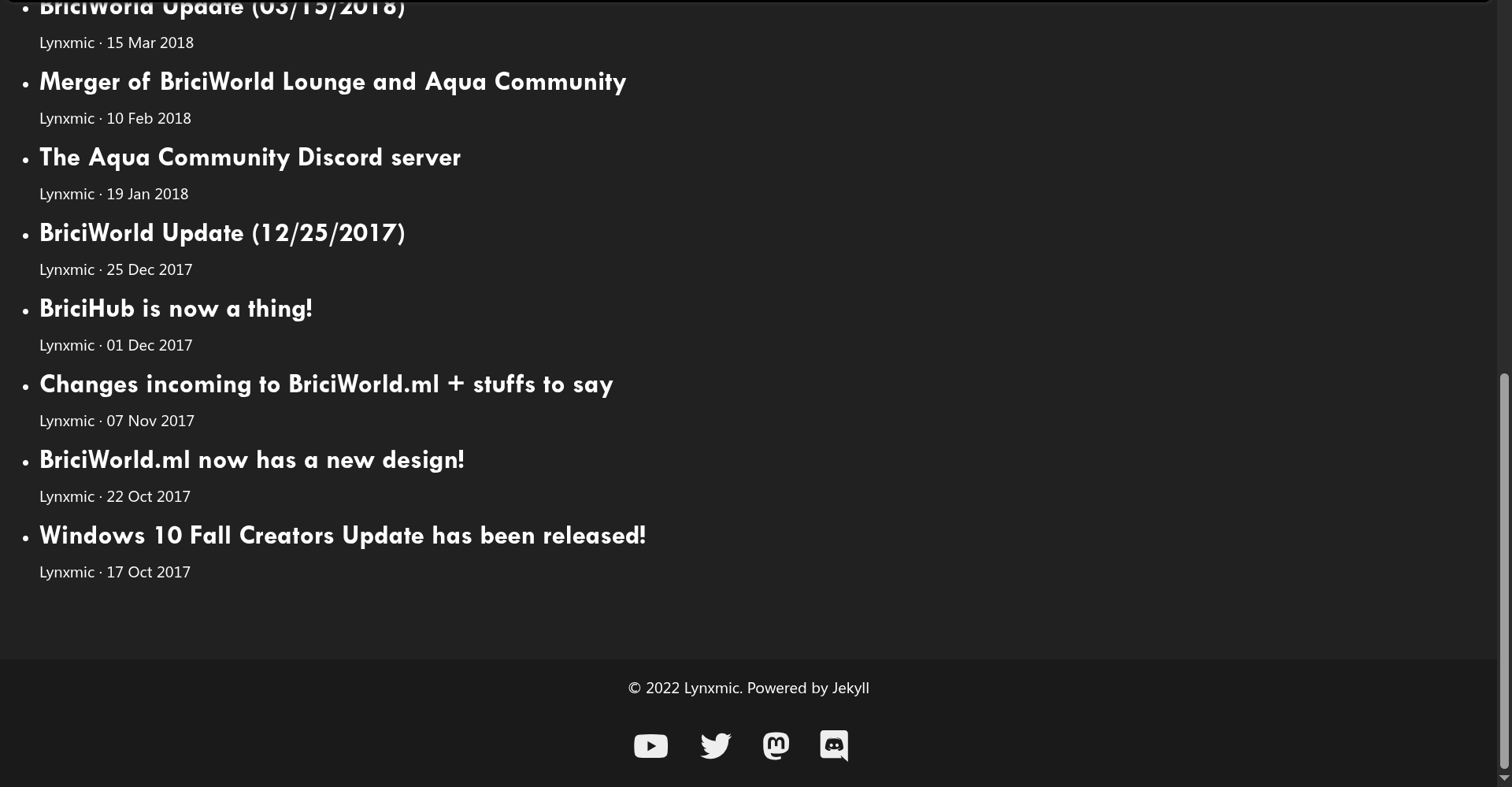 Footer of the Lynxmic Blog on 23 November 2022. Pagination was removed, and Mastodon was added in place of Reddit
