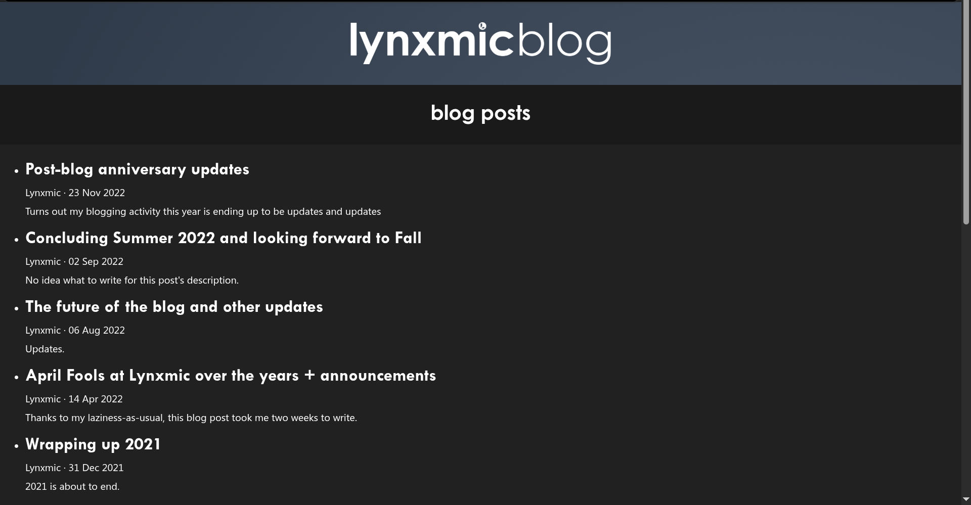 Lynxmic Blog just over a year after launch, 23 November 2022. Logo centering was fixed
