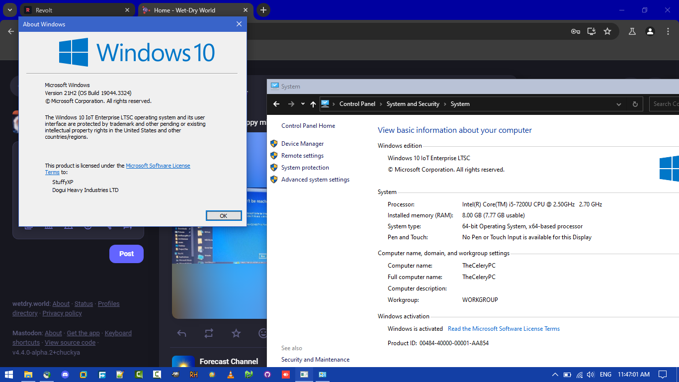 About box and System Properties of the Windows 10 LTSC install found on TheCeleryPC's HDD, running on Thei5Lappy